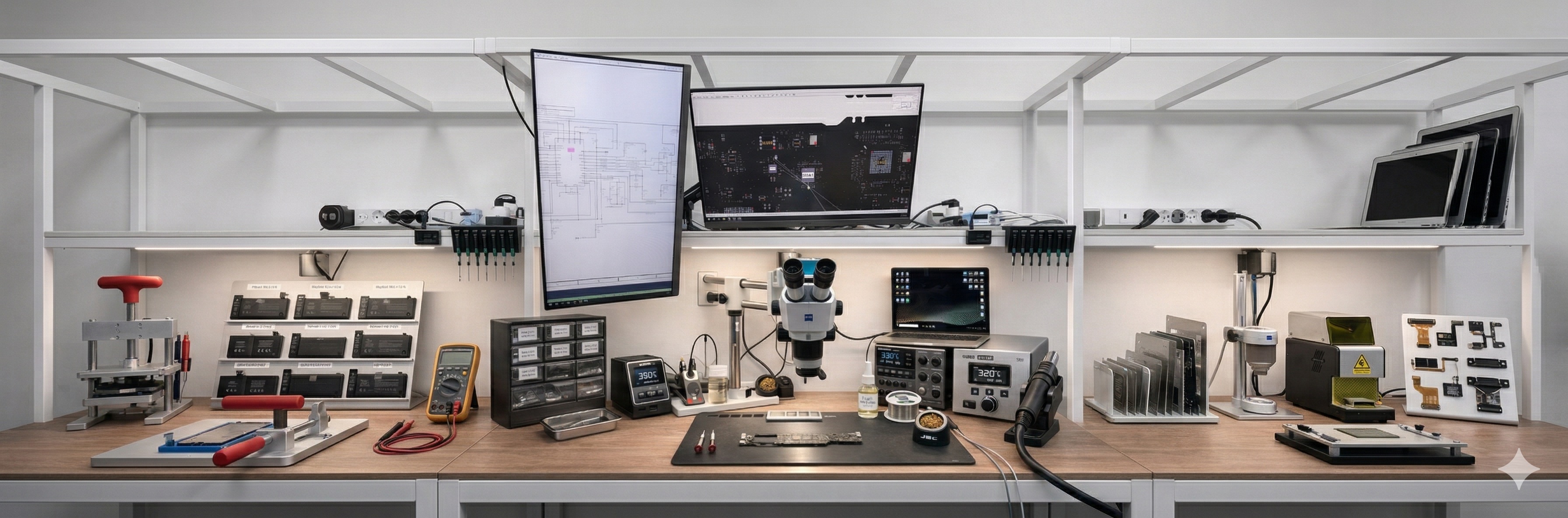 Yoda Service professional Apple repair workshop in Bali — microscope, soldering station, genuine parts