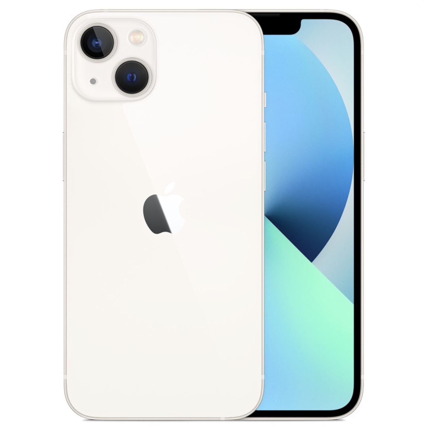 iPhone 13 — front and back view with the diagonal dual-camera layout