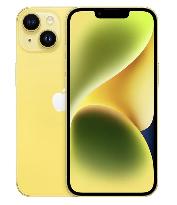 iPhone 14 — front and back view in Midnight finish