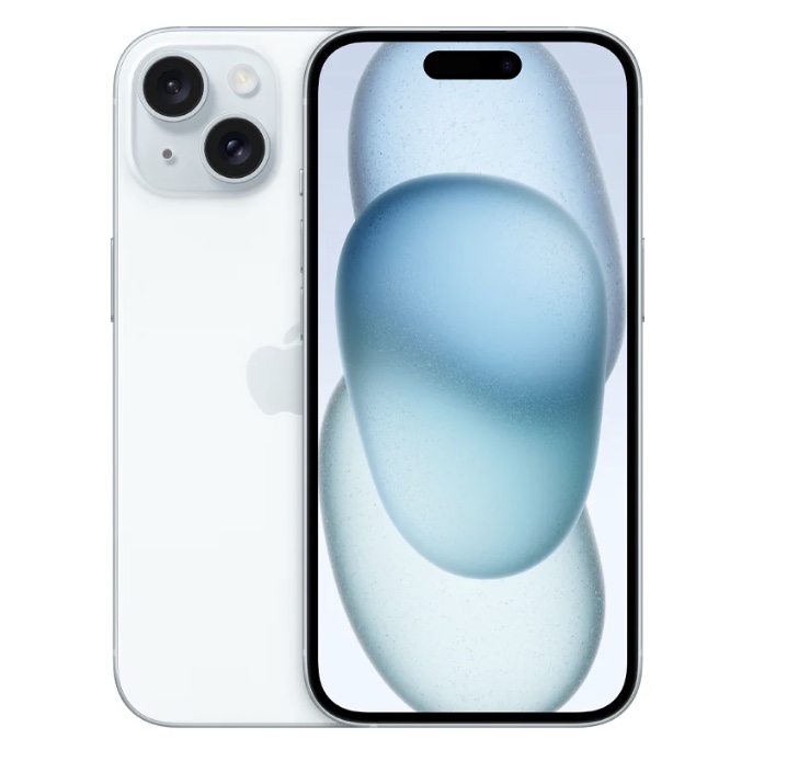 iPhone 15 — front and back view with Dynamic Island and USB-C